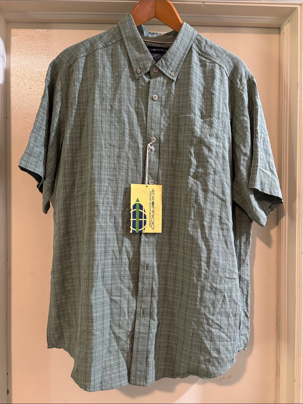 Exofficio Men's Short-Sleeve Button-Down Shirt in Sage Green Plaid NWT XXL